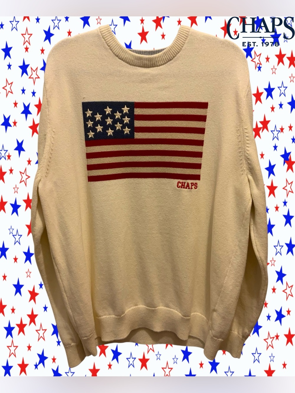 CHAPS Cream Crewneck Knit Sweater w/American Flag Print Men’s Size XXL Oversized